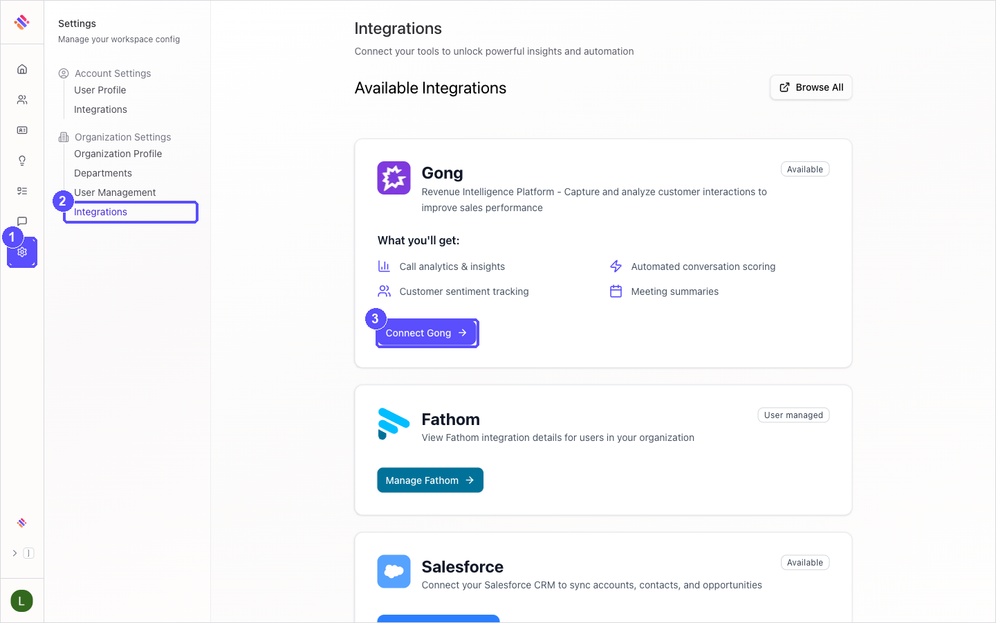 Skrift Integrations settings with the Settings icon, Organization Settings and the Connect Gong button highlighted