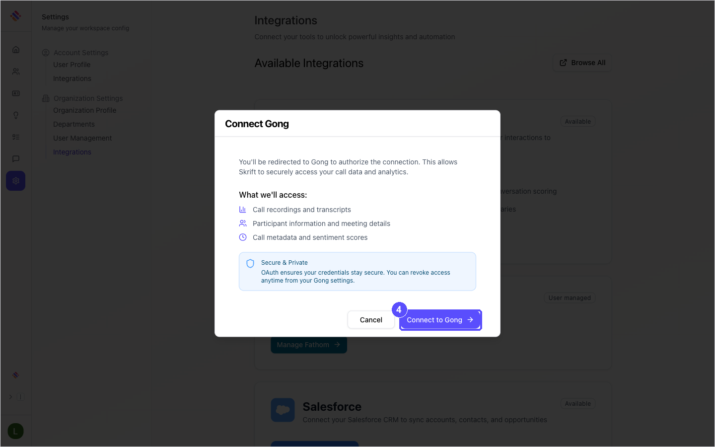 Skrift dialog listing what Skrift will access in Gong, with the Connect to Gong button highlighted