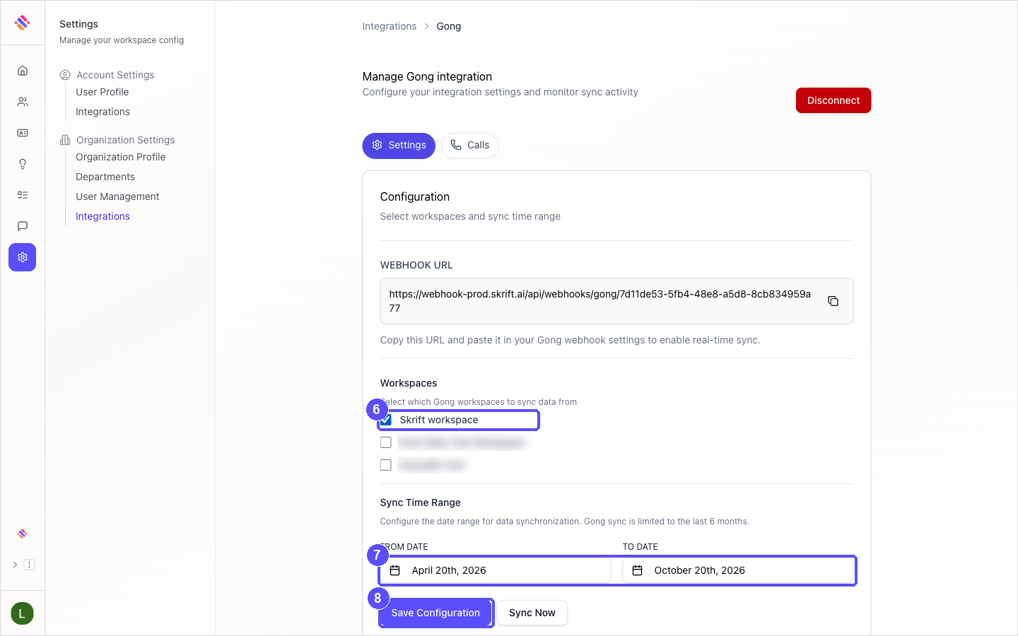 Manage Gong integration page with the Workspaces, Sync Time Range and Save Configuration controls highlighted