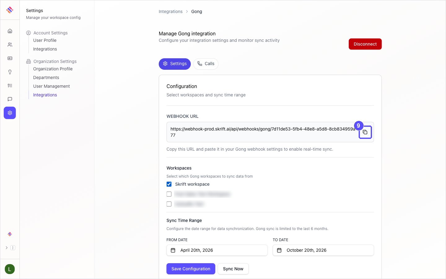 Manage Gong integration page with the copy icon next to the webhook URL highlighted
