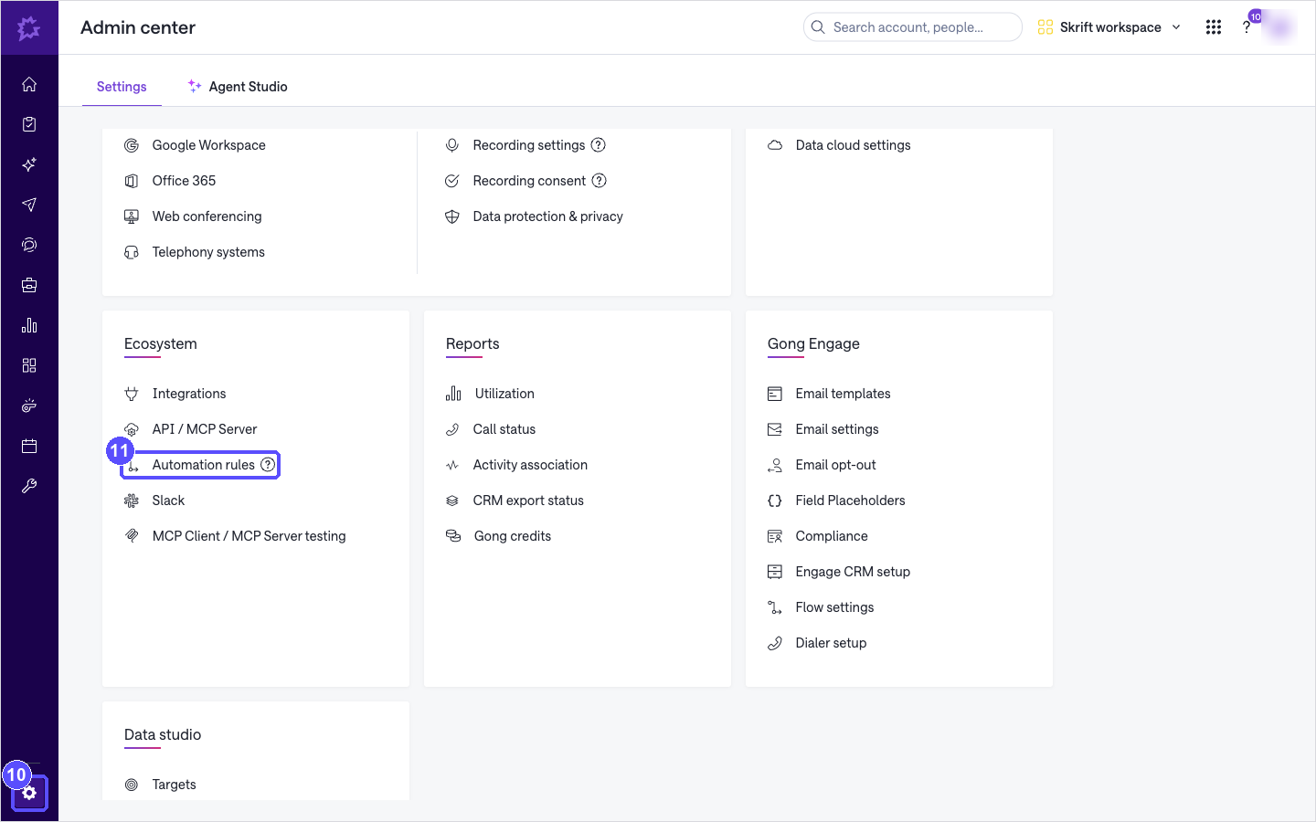 Gong Admin center with the Automation rules entry in the Ecosystem section highlighted