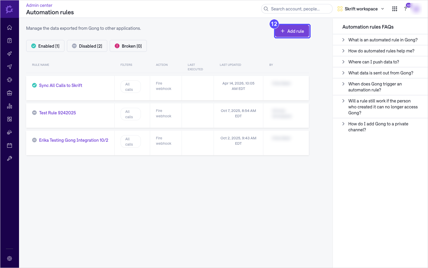 Gong Automation rules page with the Add rule button highlighted
