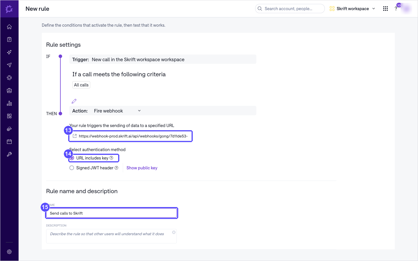 Gong new rule form with the webhook URL, authentication method and rule name highlighted