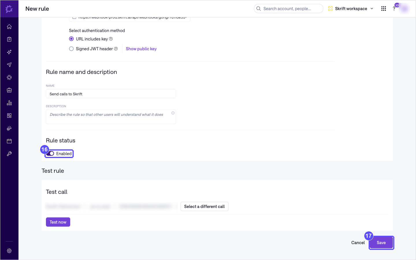 Gong rule form with the Rule status switched to Enabled and the Save button highlighted