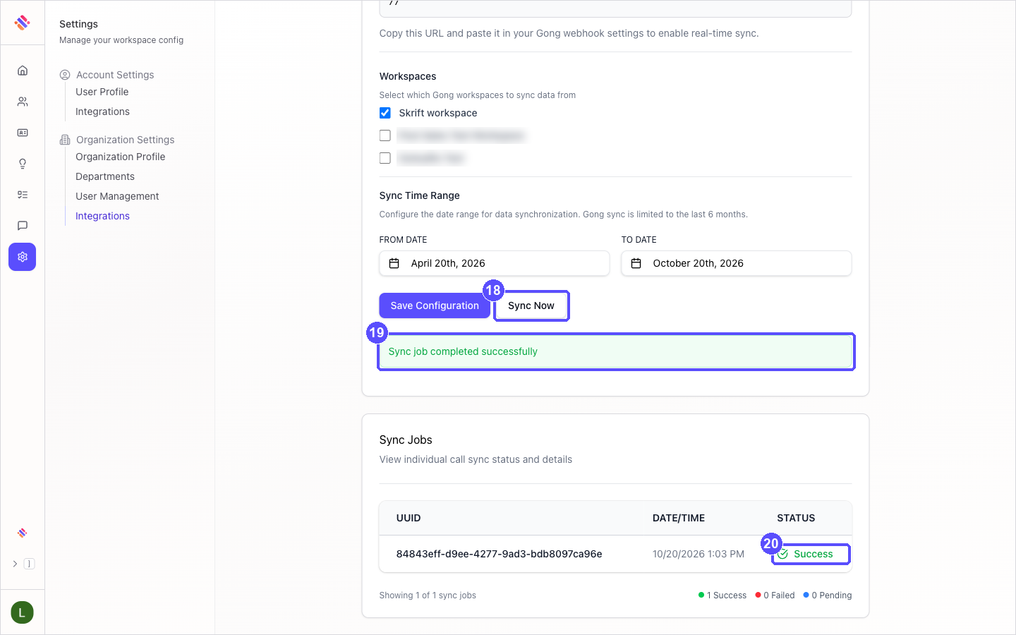 Manage Gong integration page showing the completed sync message and a Sync Jobs entry with the status Success