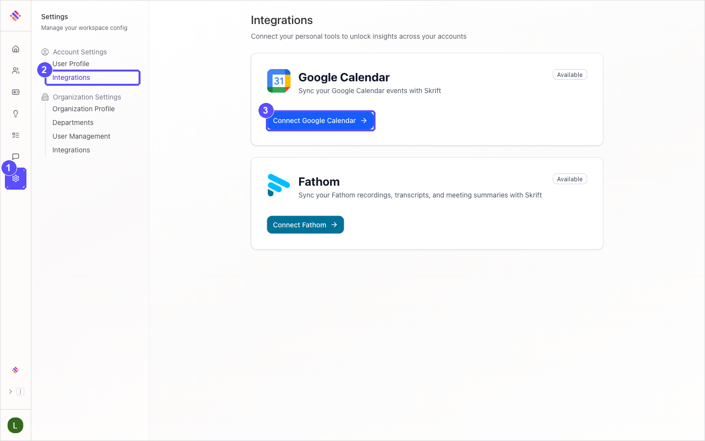 Skrift Integrations settings with the Settings icon, Account Settings and the Connect Google Calendar button highlighted