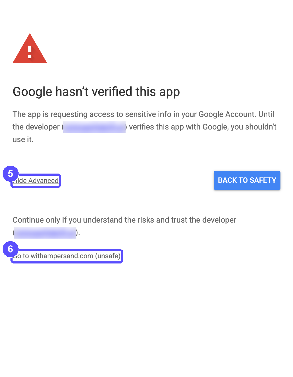 Google warning screen reading Google hasn't verified this app, with the Advanced link and the Go to withampersand.com link highlighted