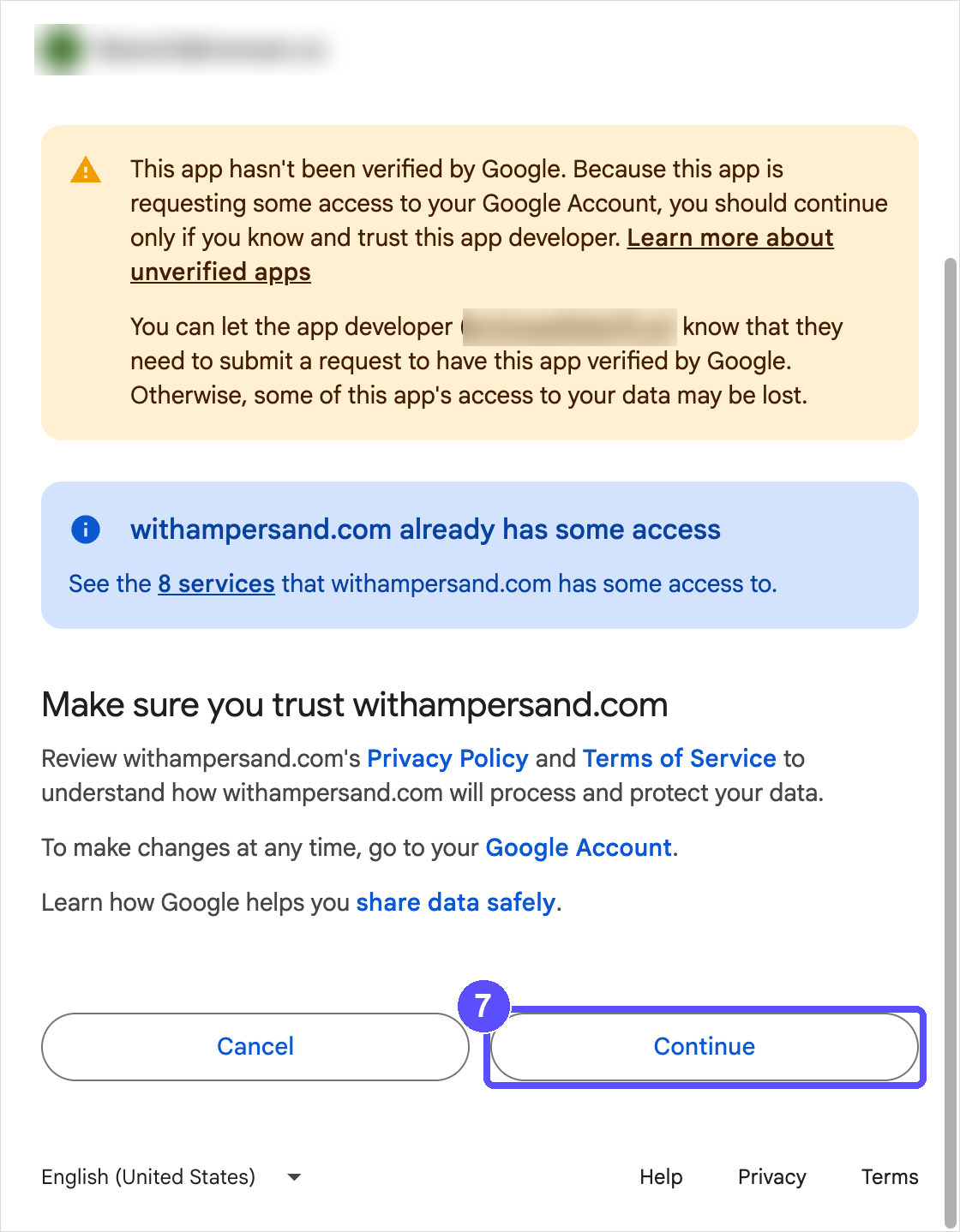 Google access request screen with the Continue button highlighted