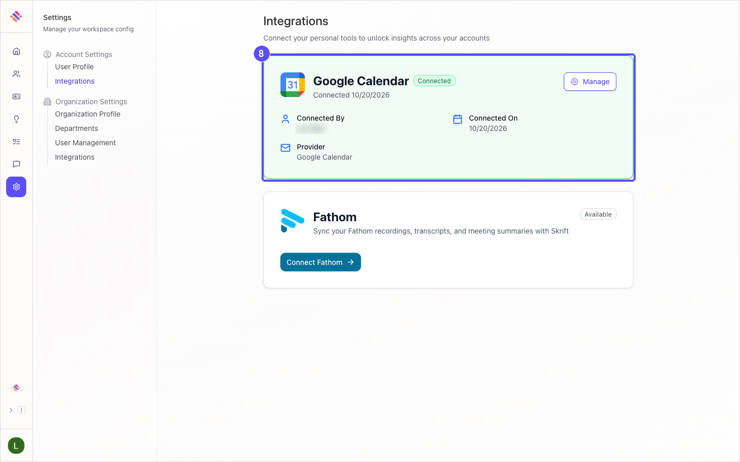 Skrift Google Calendar card showing the Connected status