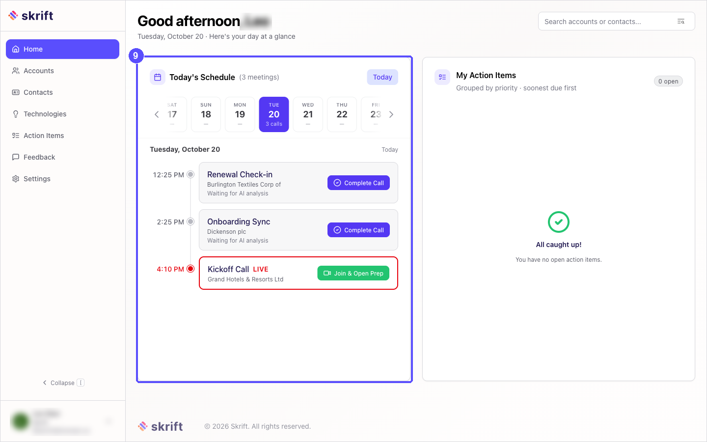 Skrift Home page with the Today's Schedule card listing meetings from Google Calendar