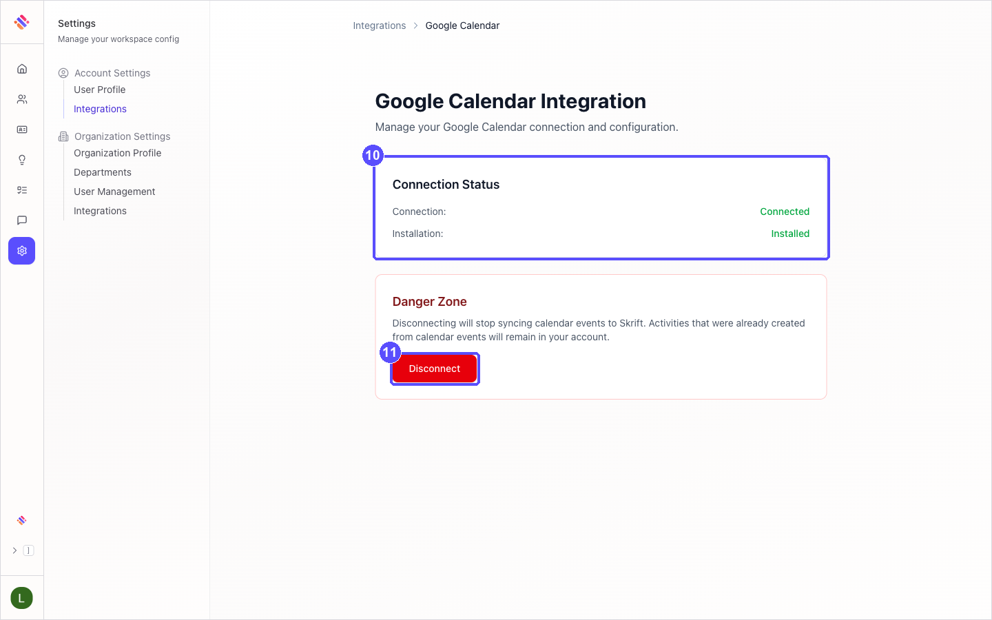Manage Google Calendar page showing the Connection Status and the Disconnect button