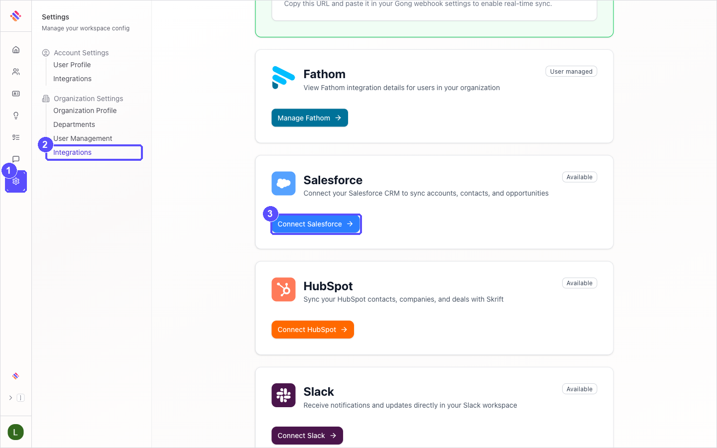 Skrift Integrations settings with the Settings icon, Organization Settings and the Connect Salesforce button highlighted