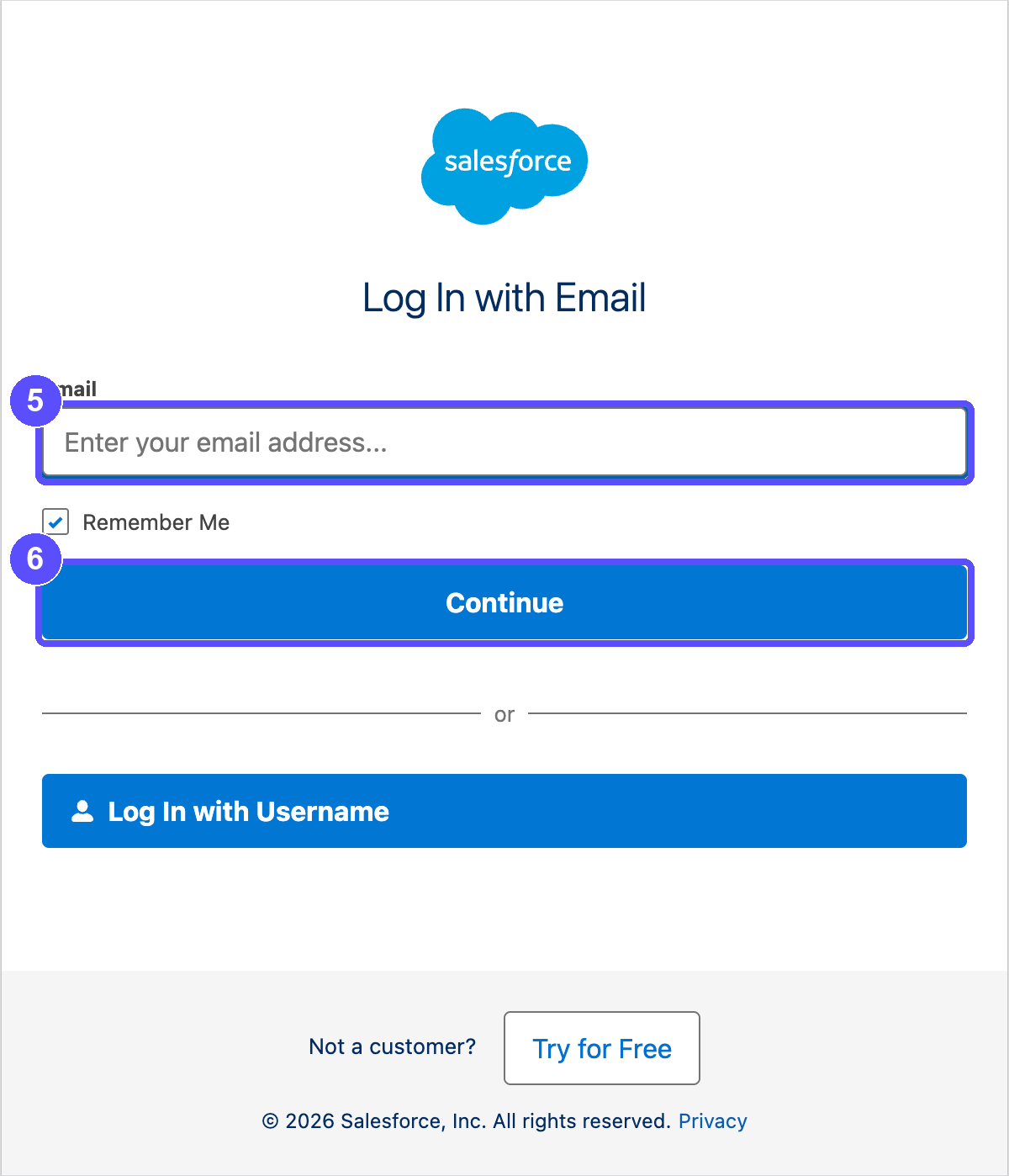Salesforce sign-in window asking for an email address, with the Continue button highlighted