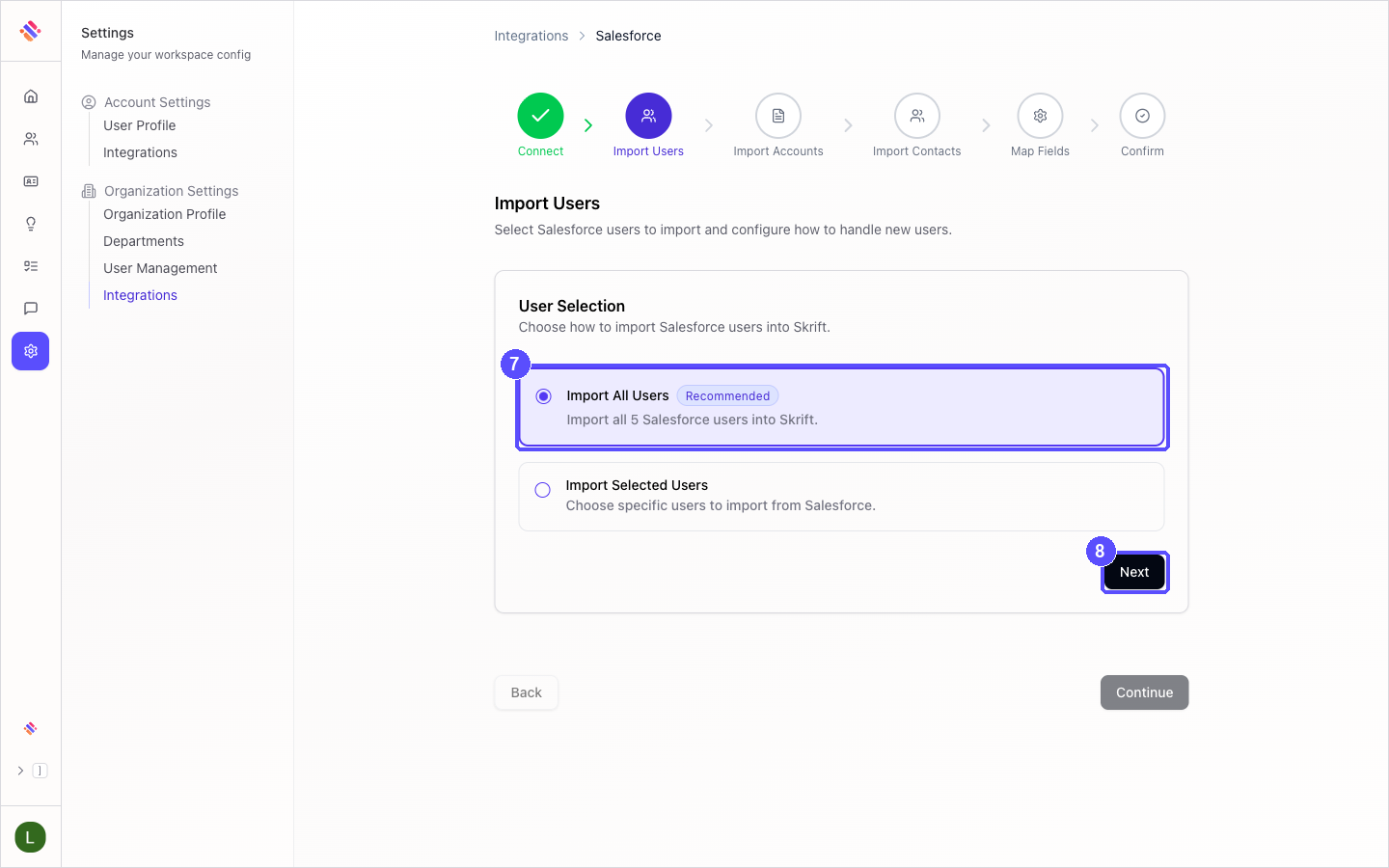 Import Users step with the User Selection options and the Next button highlighted