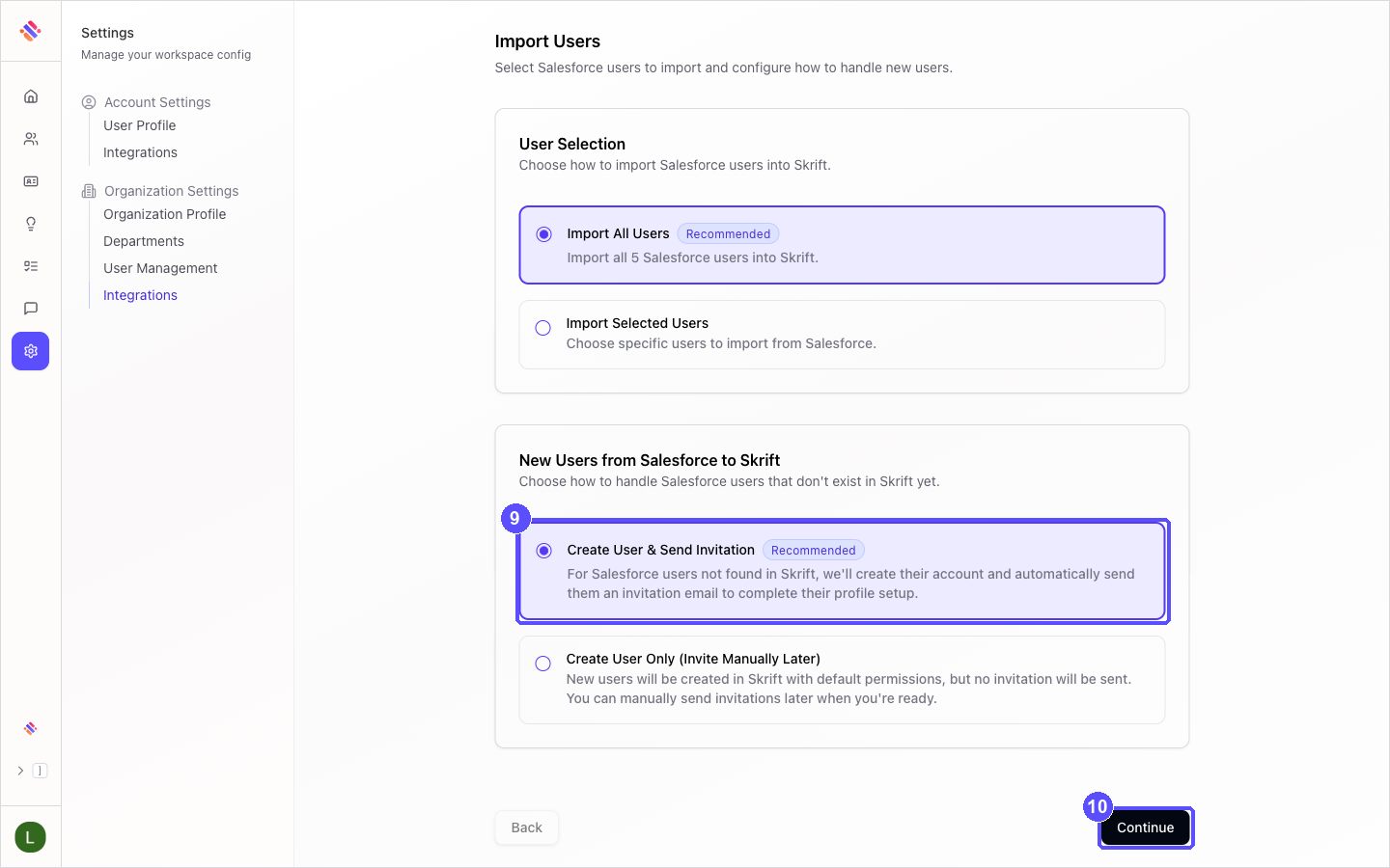 New Users from Salesforce to Skrift options with the Continue button highlighted