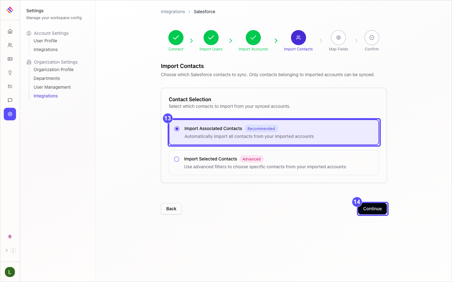 Import Contacts step with the Contact Selection options and the Continue button highlighted