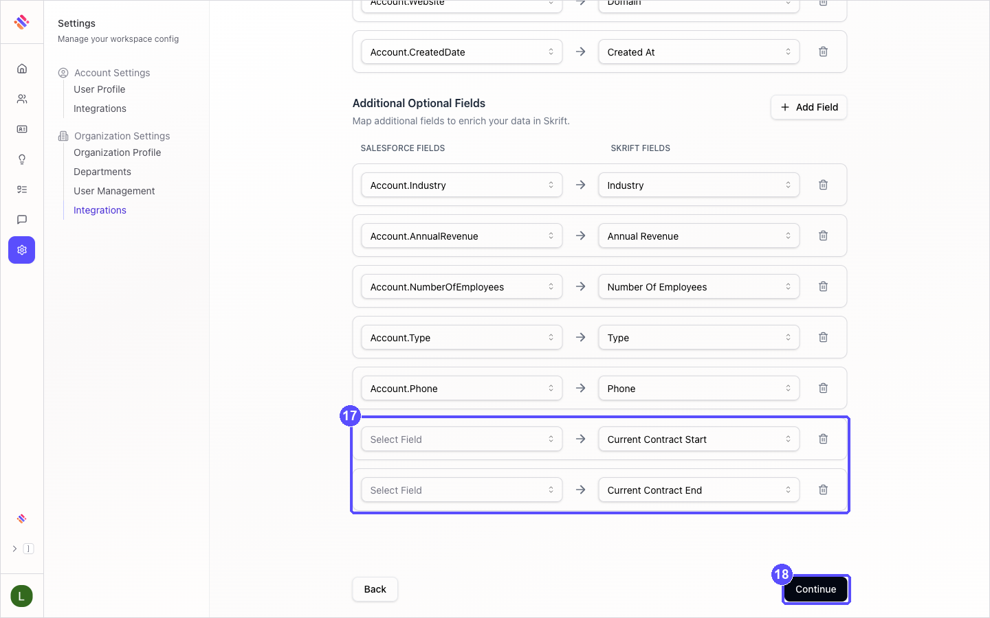 Additional Optional Fields section with the contract date mappings and the Continue button highlighted