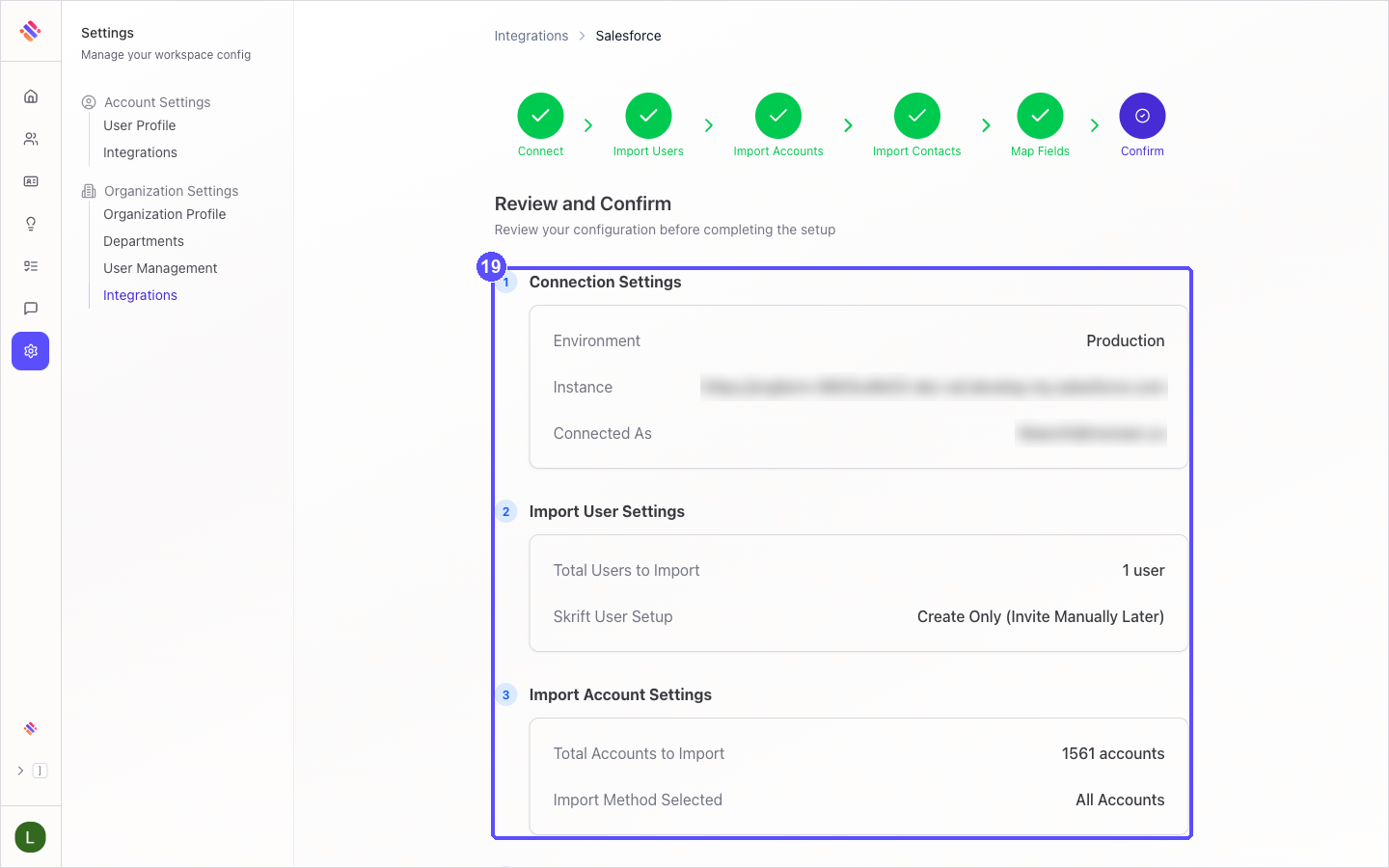 Review and Confirm step summarizing the connection, the records to import and the field mappings