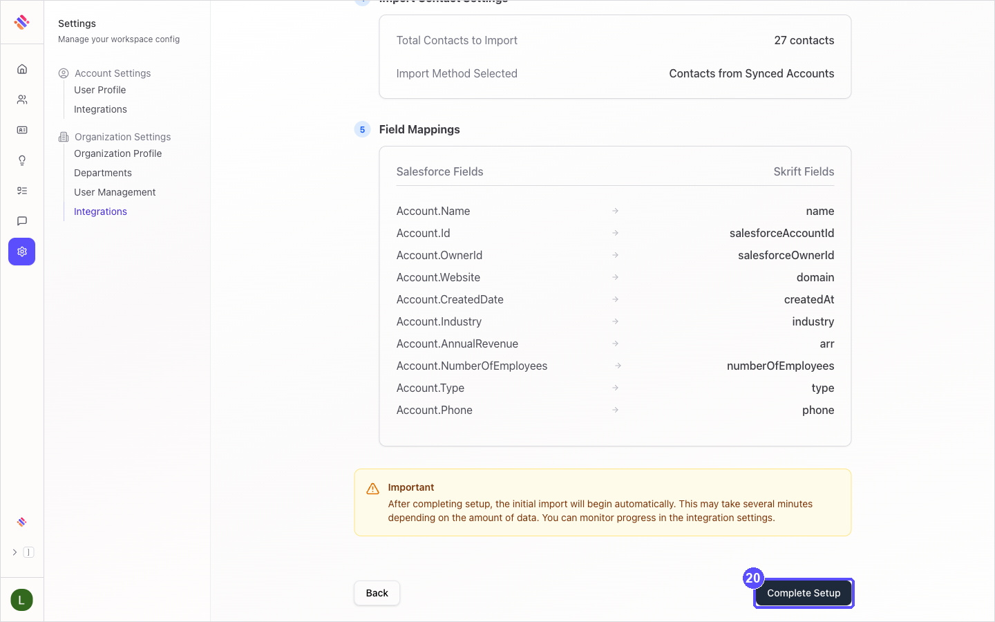 Review and Confirm step with the Complete Setup button highlighted
