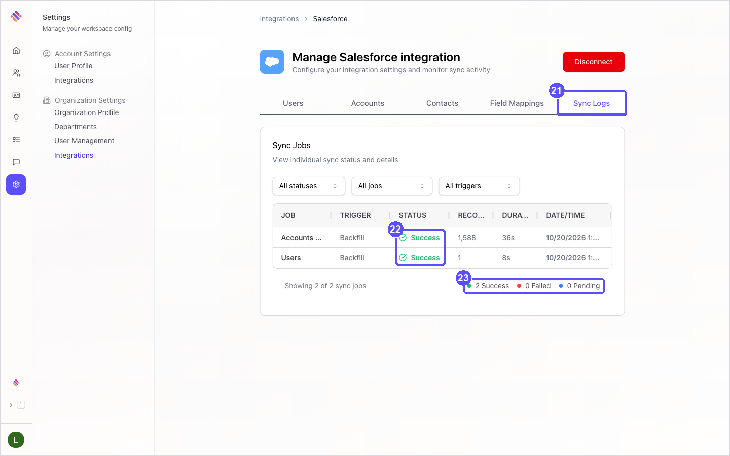 Sync Logs tab showing the Users and Accounts & Contacts jobs with the status Success