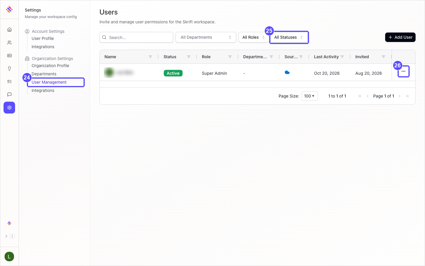 User Management page with the status filter and the row menu highlighted