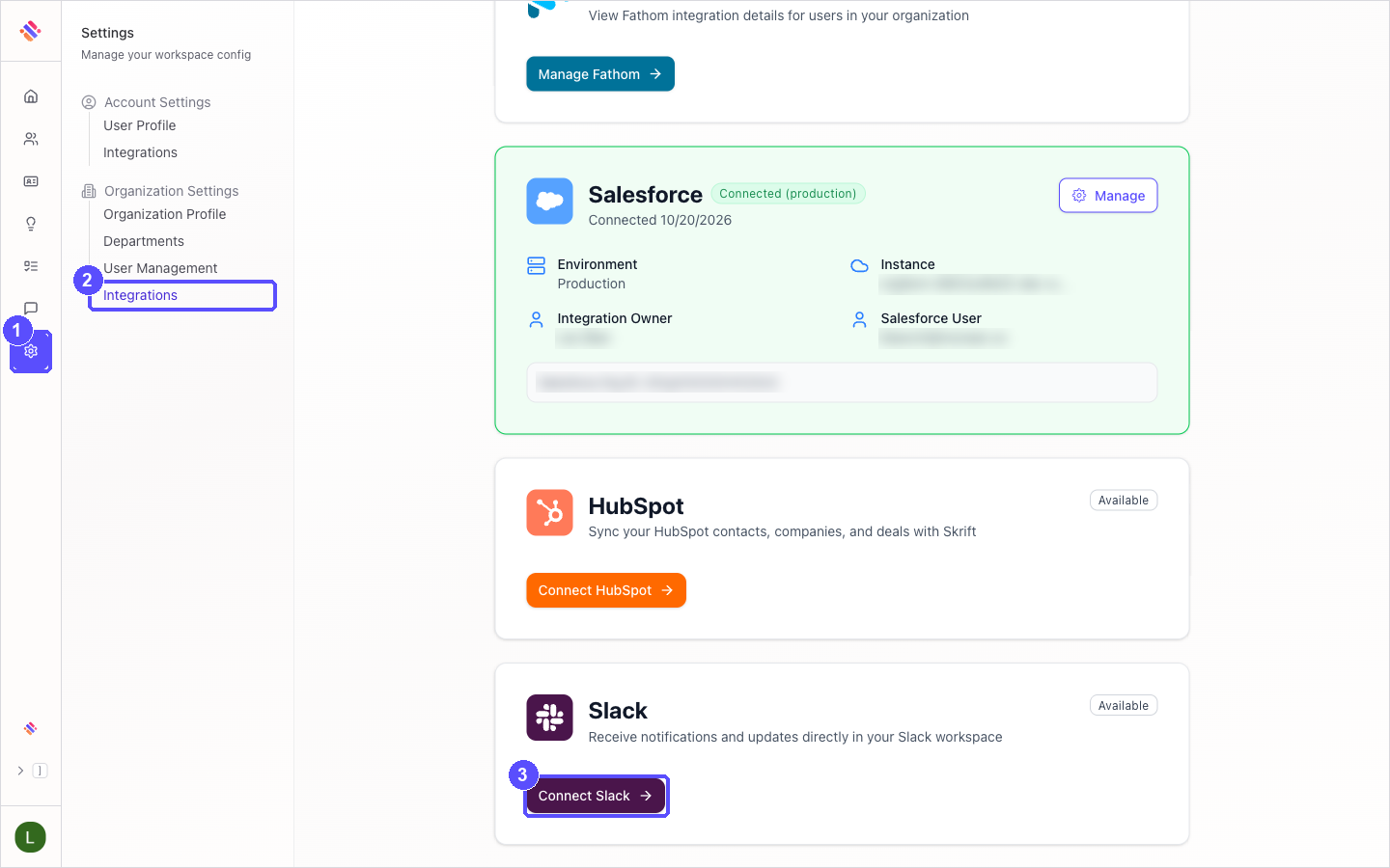Skrift Integrations settings with the Settings icon, Organization Settings and the Connect Slack button highlighted