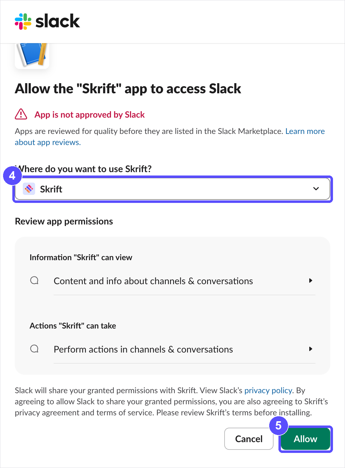 Slack permission screen for the Skrift app with the workspace selector and the Allow button highlighted