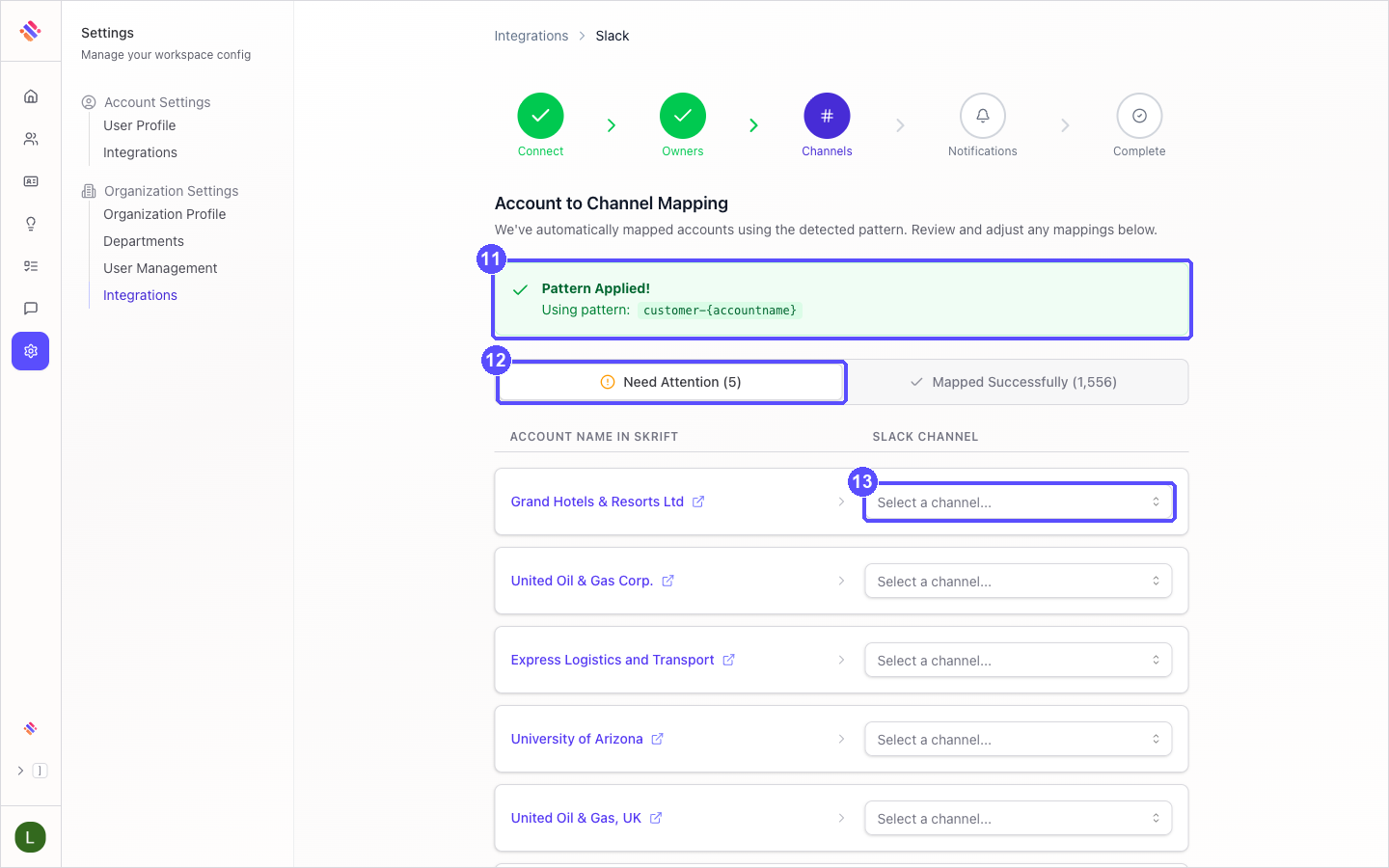 Review screen showing Pattern Applied and the Need Attention list of accounts without a channel