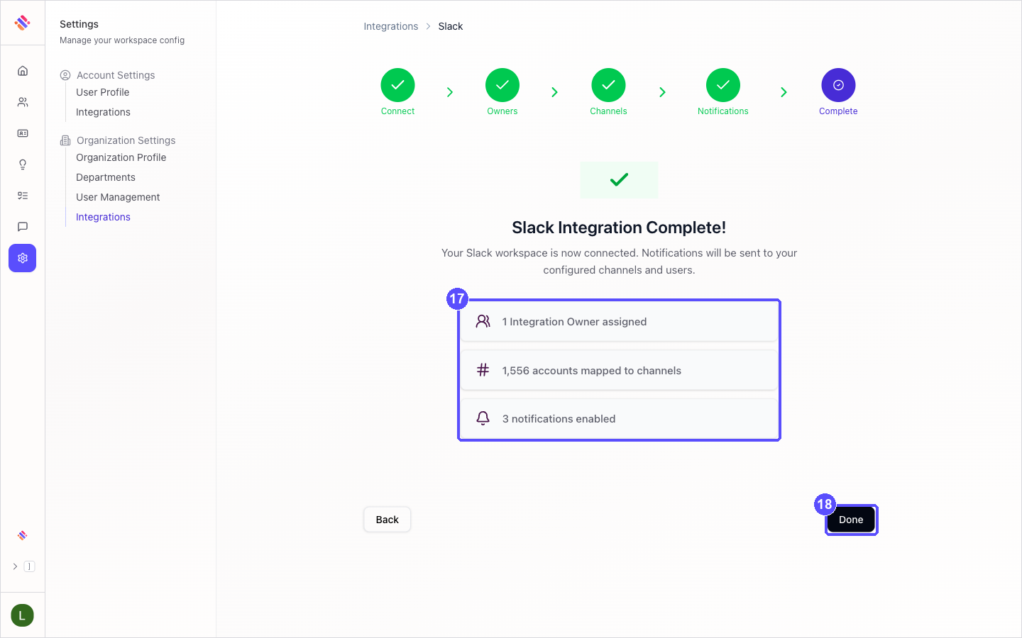 Slack Integration Complete screen summarizing the owners, mapped accounts and enabled notifications