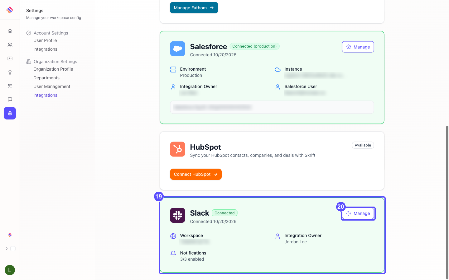 Integrations page with the Slack card showing Connected and the Manage button highlighted