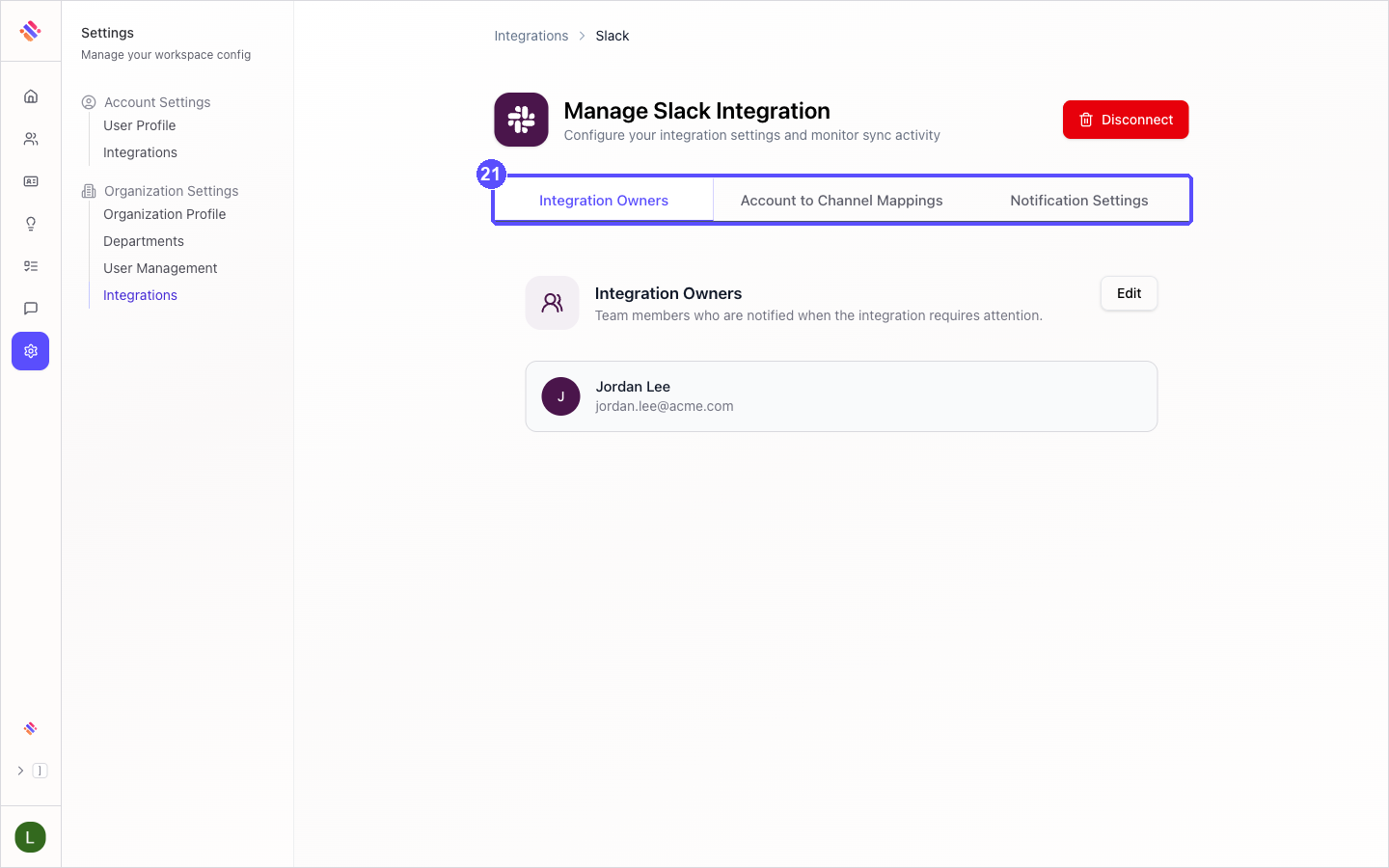 Manage Slack Integration page with the Integration Owners, Account to Channel Mappings and Notification Settings tabs